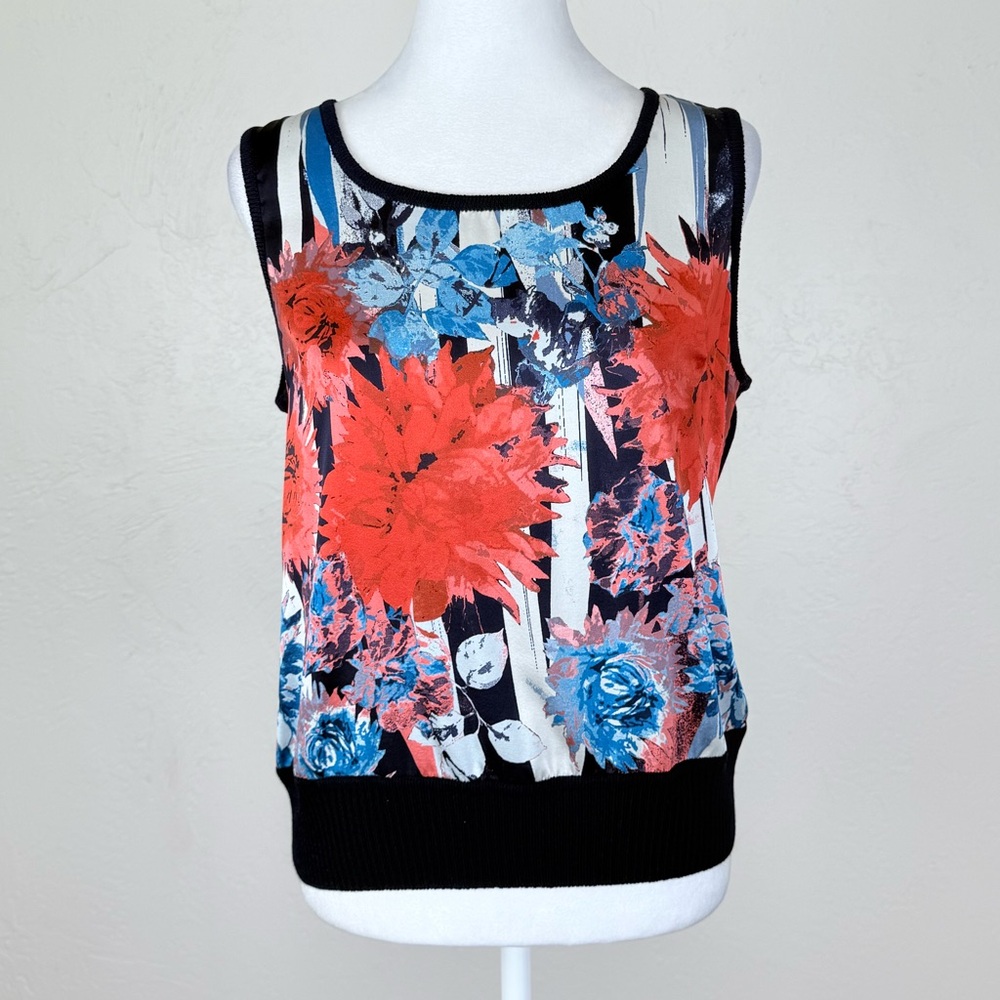 St. John Collection Navy Sleeveless Sweater Tank Shell Silk Red White Floral S - Picture 7 of 15